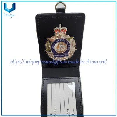 Custom Australia Government Officer Metal Badge with Cow Leather Holder, Silver Australia Police Badge with Leather Holder