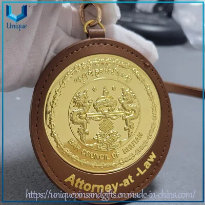 Custom High Quality Copper Badge with ID Holder Function with Genuine First Layer Cow Leather Holder, High Quality Copper Metal Badge with ID Holder