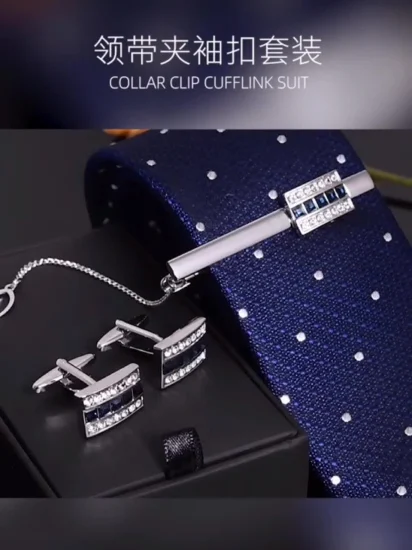 China Wholesale Custom OEM Fashion Jewelry Clothing Accessory Gift Mens Shirt Gold Silver Metal Blank Tie Bar Clip Set Cufflink W/ Stone in Plastic/Luxury Box