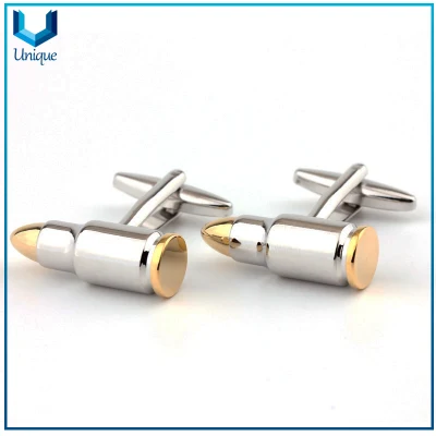 High Quality Two Tone Nickel + Gold Copper Cufflink, Custom 3D Bullet Logo Tie Pin Cufflink in Set for Christmas Holiday Promotional Gifts